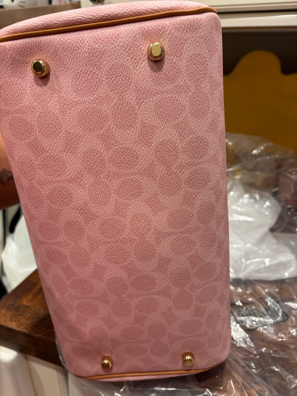 COACH Pink Leather Satchel with Tan Trim & Floral Charm - Picture 3 of 5